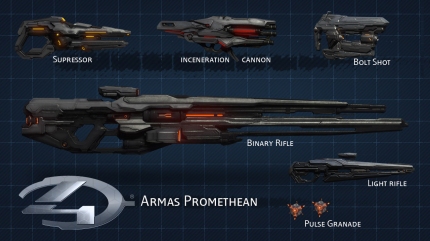 Una muestra de las nuevas armas que podemos encontrar en Halo 4. Muchas de las conocidad han sido rediseñadas.